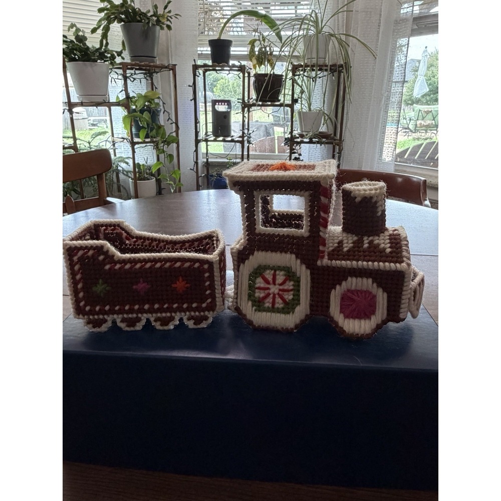 Handmade Plastic Canvas Needlepoint Christmas Train Candy Holder 2 Pieces